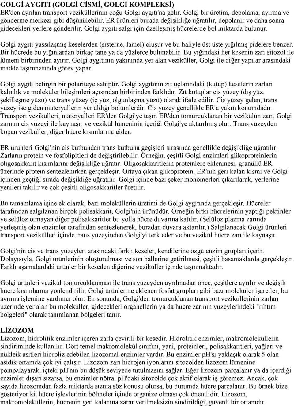 Golgi aygıtı yassılaşmış keselerden (sisterne, lamel) oluşur ve bu haliyle üst üste yığılmış pidelere benzer. Bir hücrede bu yığınlardan birkaç tane ya da yüzlerce bulunabilir.