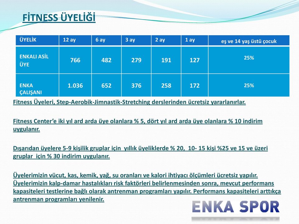 Fitness Center e iki yıl ard arda üye olanlara % 5, dört yıl ard arda üye olanlara % 10 indirim uygulanır.