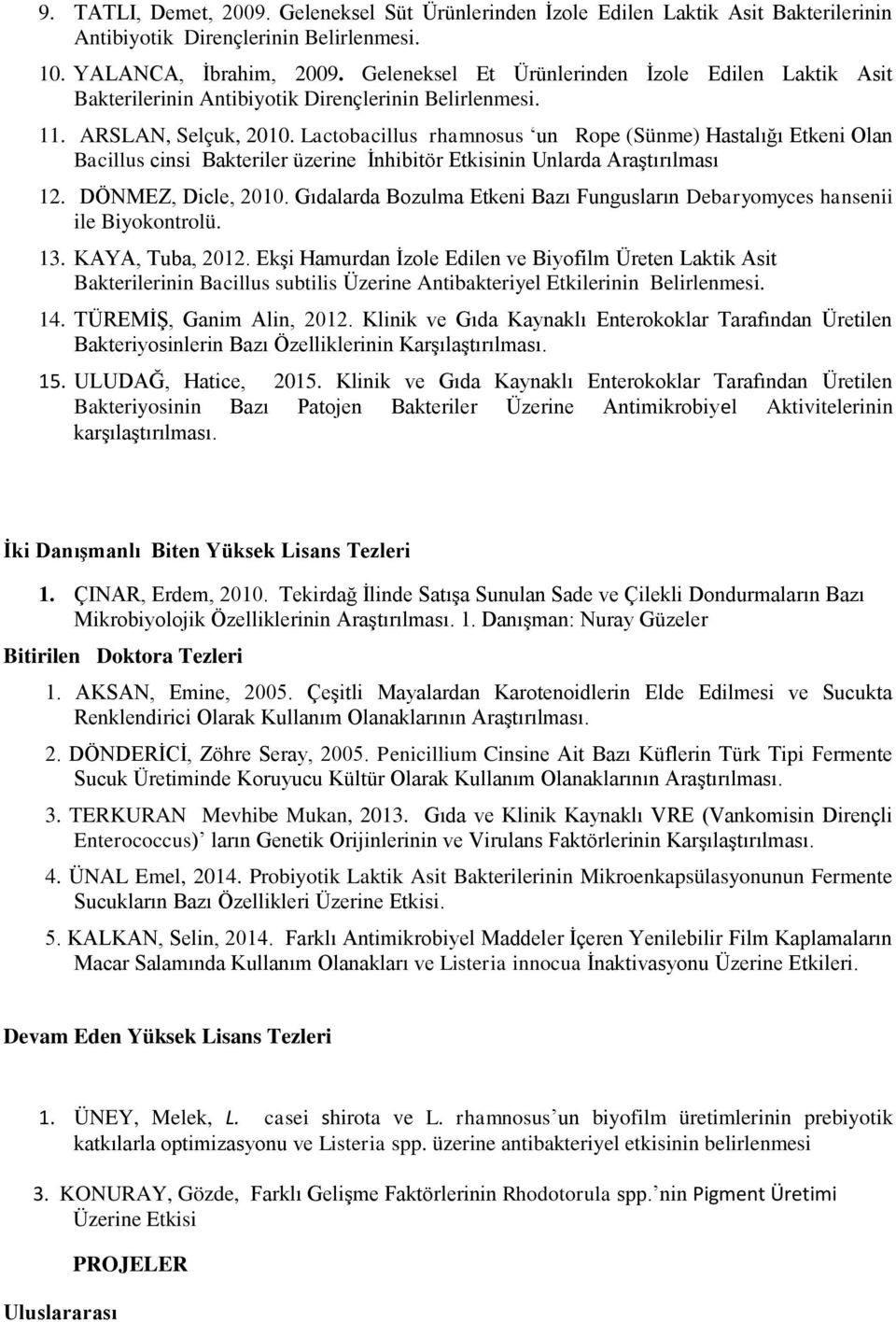 Lactobacillus rhamnosus un Rope (Sünme) Hastalığı Etkeni Olan Bacillus cinsi Bakteriler üzerine İnhibitör Etkisinin Unlarda Araştırılması 12. DÖNMEZ, Dicle, 2010.