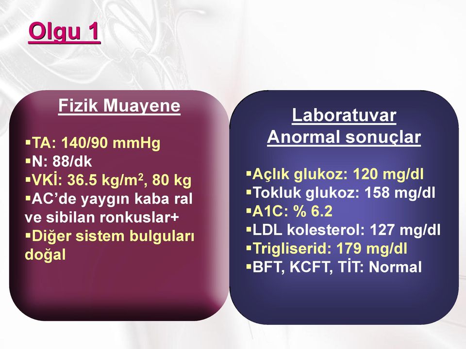 bulguları doğal Laboratuvar Anormal sonuçlar Açlık glukoz: 120 mg/dl Tokluk