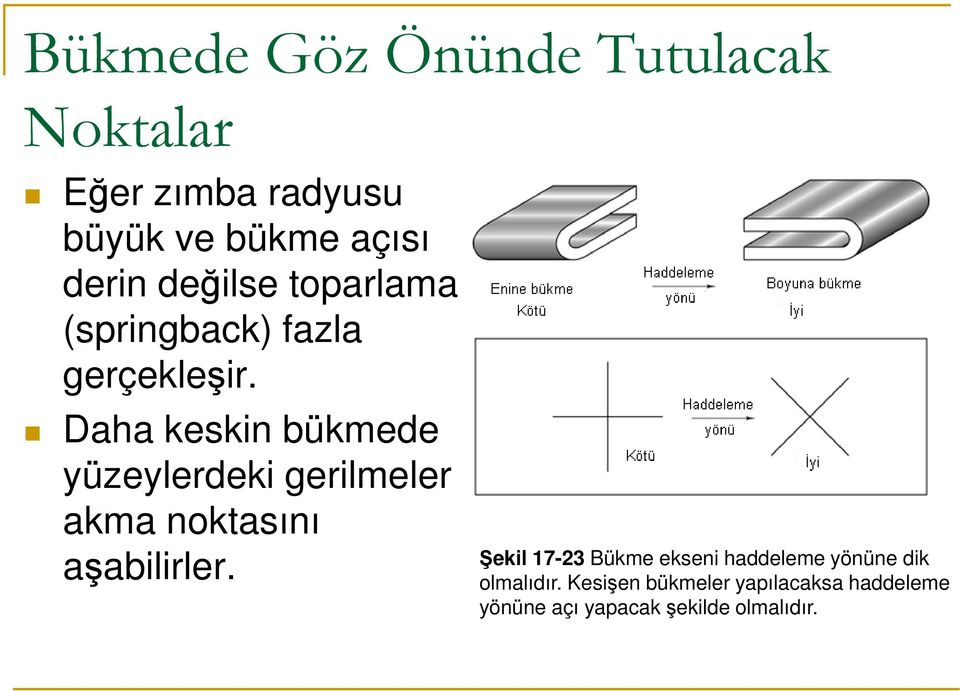 Daha keskin bükmede yüzeylerdeki gerilmeler akma noktasını aşabilirler.