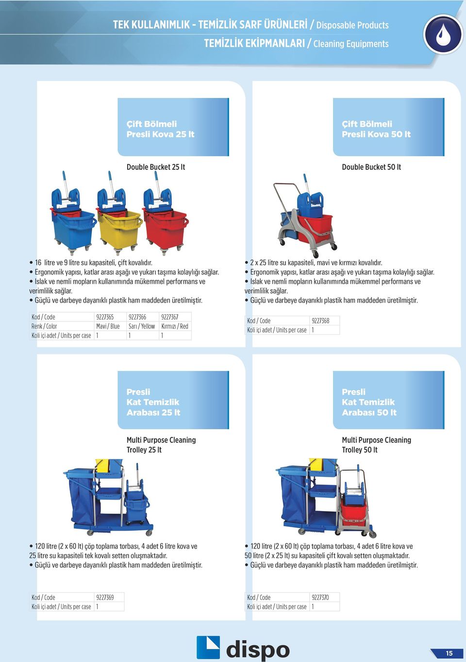 922736 Mavi / Blue Koli içi adet / Units per case 1 9227366 9227367 Sarı / Yellow Kırmızı / Red 1 1 9227368 Koli içi adet / Units per case 1 Presli Kat Temizlik Arabası 2 lt Presli Kat Temizlik