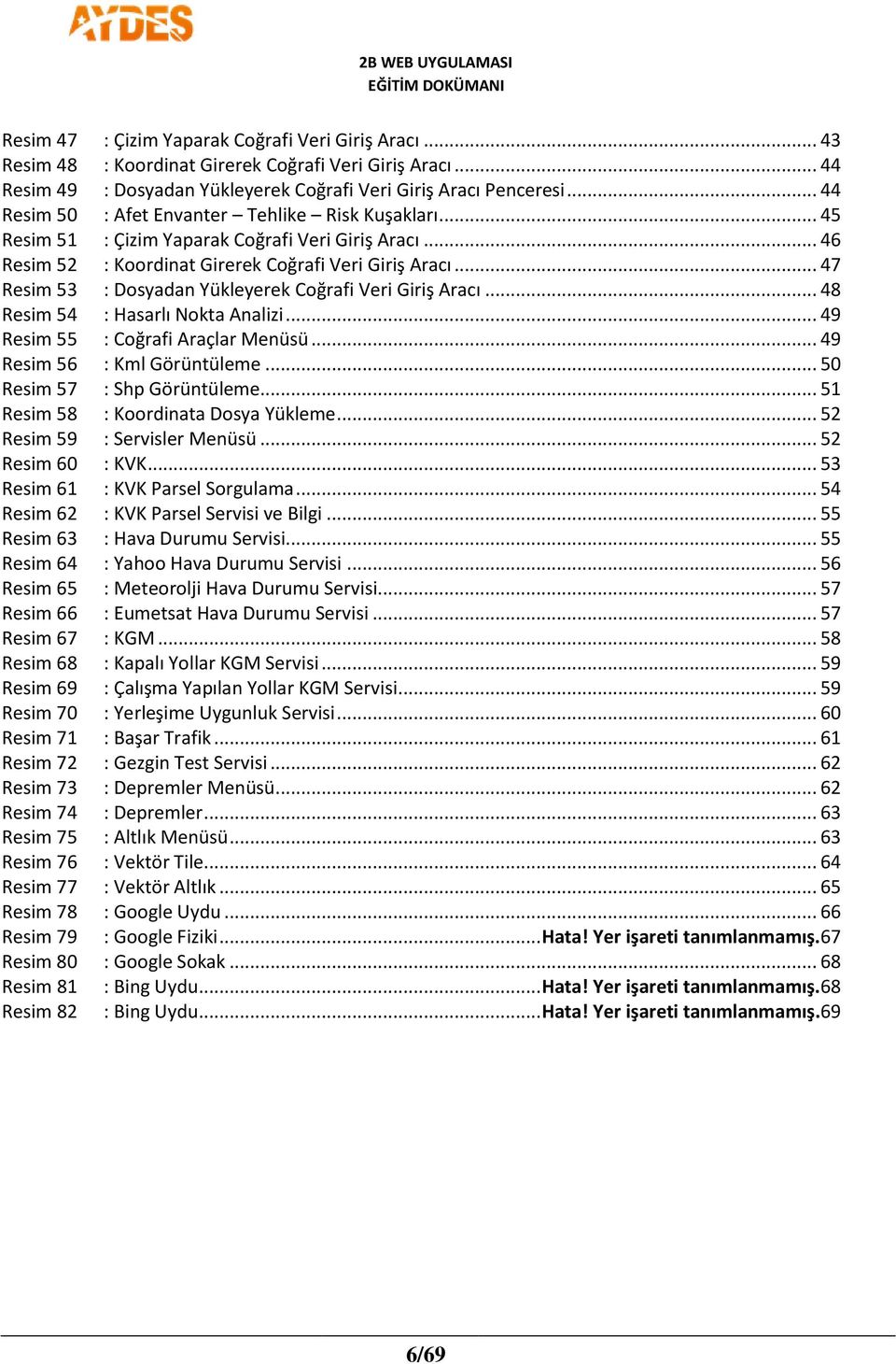 .. 47 Resim 53 : Dosyadan Yükleyerek Coğrafi Veri Giriş Aracı... 48 Resim 54 : Hasarlı Nokta Analizi... 49 Resim 55 : Coğrafi Araçlar Menüsü... 49 Resim 56 : Kml Görüntüleme.