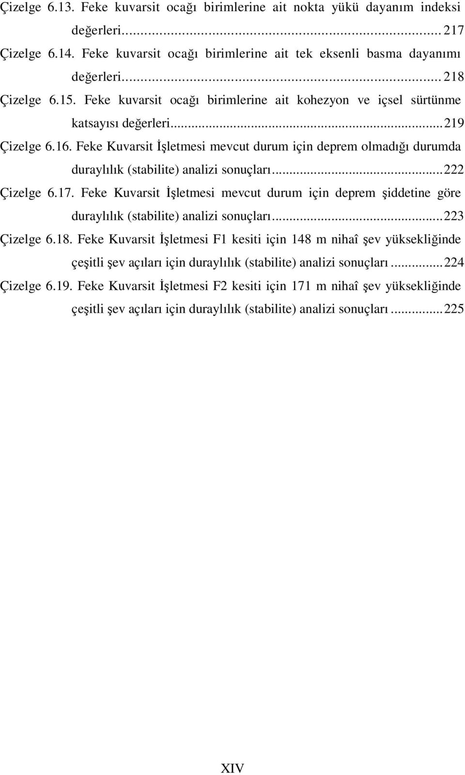 Feke Kuvarsit İşletmesi mevcut durum için deprem olmadığı durumda duraylılık (stabilite) analizi sonuçları... 222 Çizelge 6.17.