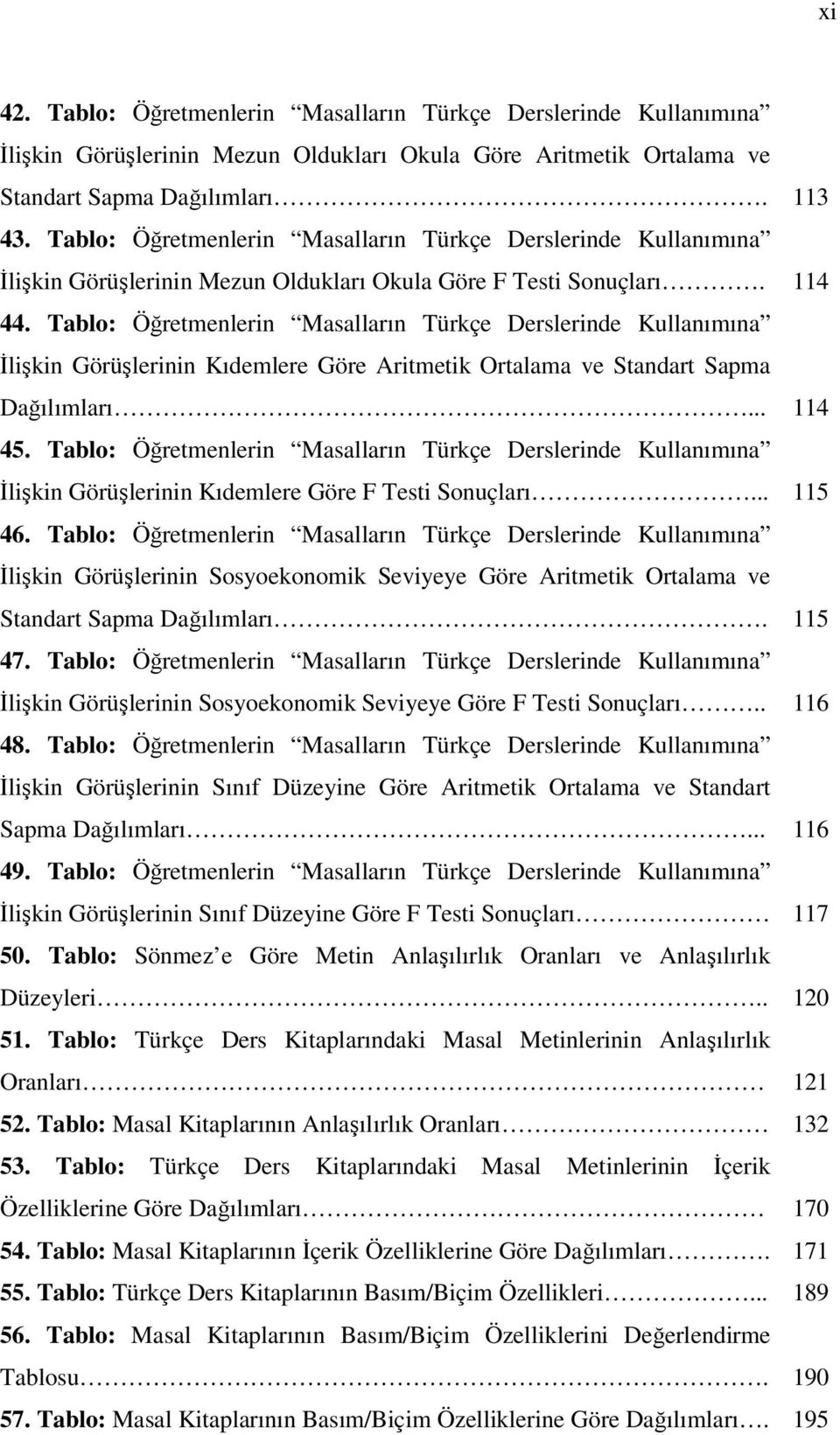 Tablo: Öğretmenlerin Masalların Türkçe Derslerinde Kullanımına İlişkin Görüşlerinin Kıdemlere Göre Aritmetik Ortalama ve Standart Sapma Dağılımları... 114 45.