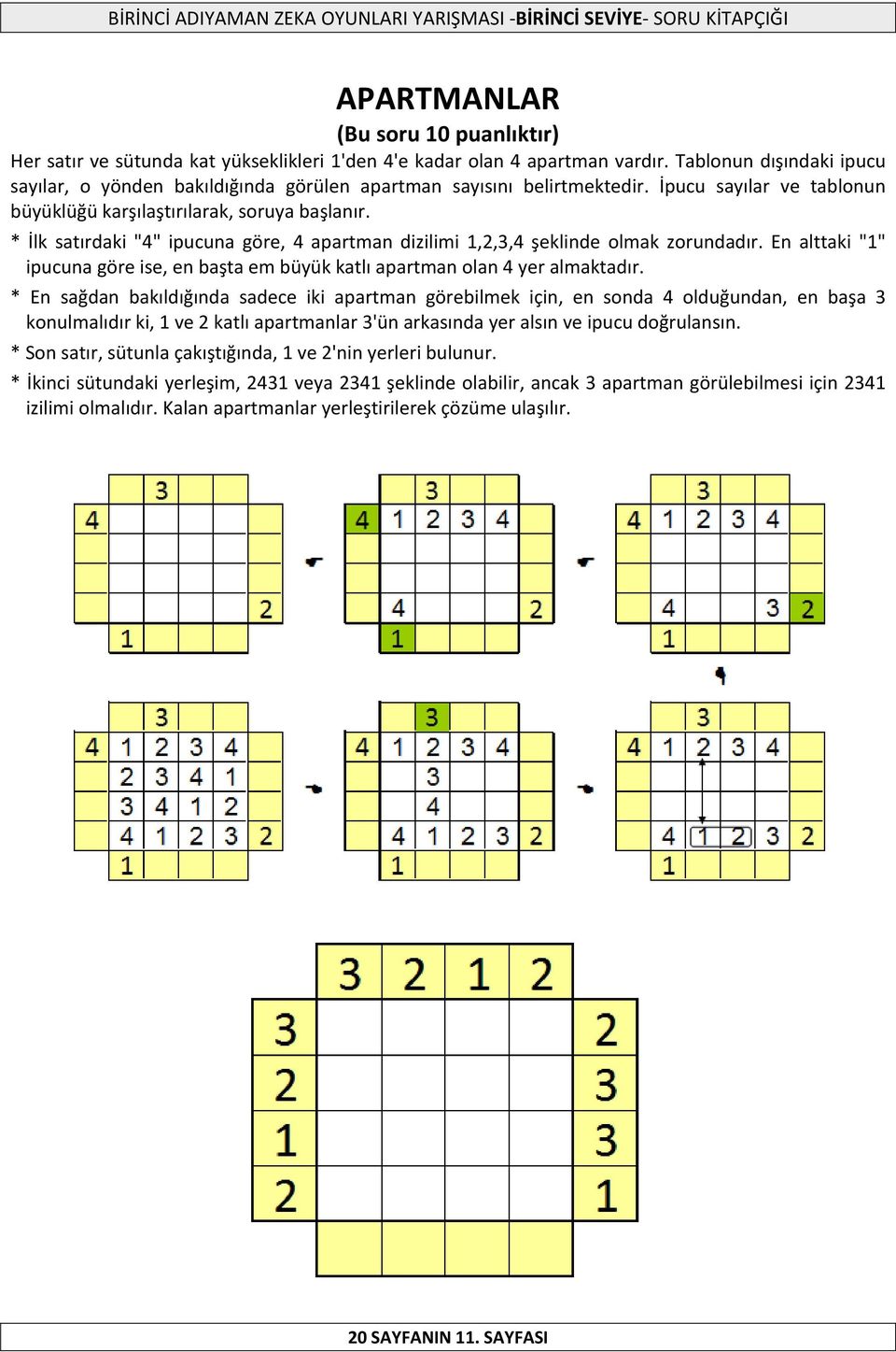 * İlk satırdaki "4" ipucuna göre, 4 apartman dizilimi 1,2,3,4 şeklinde olmak zorundadır. En alttaki "1" ipucuna göre ise, en başta em büyük katlı apartman olan 4 yer almaktadır.