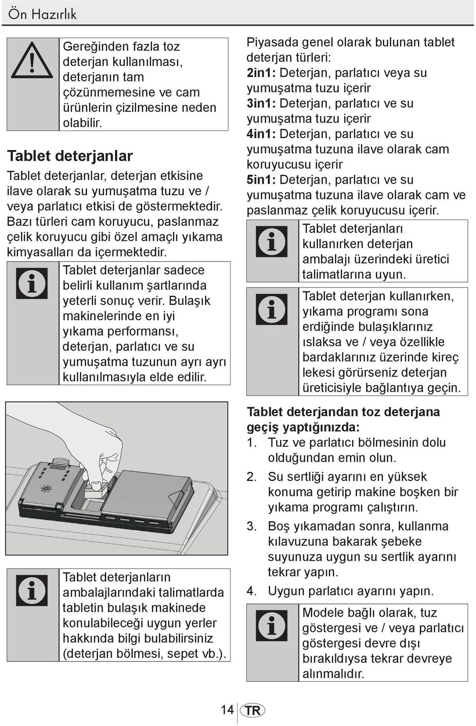 Bazı türleri cam koruyucu, paslanmaz çelik koruyucu gibi özel amaçlı yıkama kimyasalları da içermektedir. C Tablet deterjanlar sadece belirli kullanım şartlarında yeterli sonuç verir.