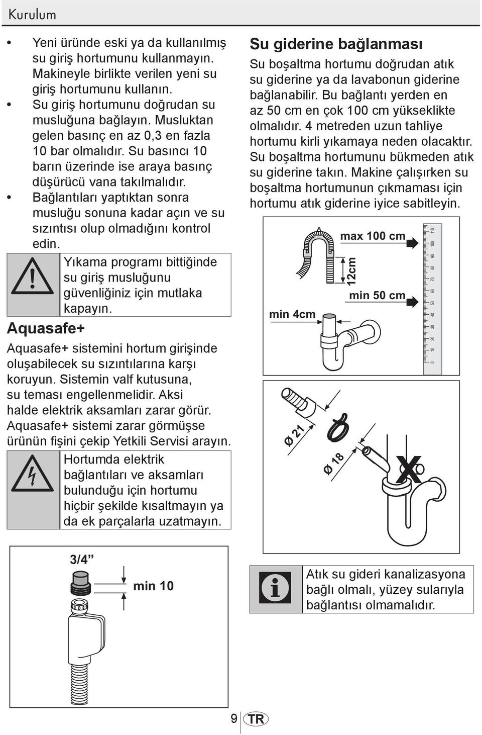 Bağlantıları yaptıktan sonra musluğu sonuna kadar açın ve su sızıntısı olup olmadığını kontrol edin. A Yıkama programı bittiğinde su giriş musluğunu güvenliğiniz için mutlaka kapayın.