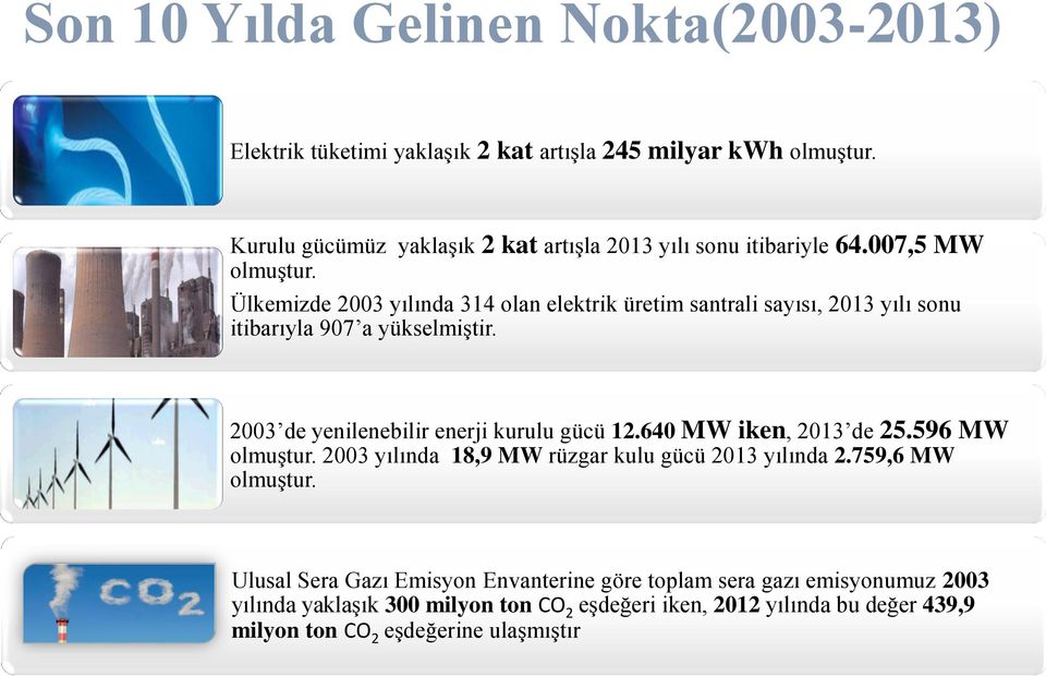 Ülkemizde 2003 yılında 314 olan elektrik üretim santrali sayısı, 2013 yılı sonu itibarıyla 907 a yükselmiştir. 2003 de yenilenebilir enerji kurulu gücü 12.