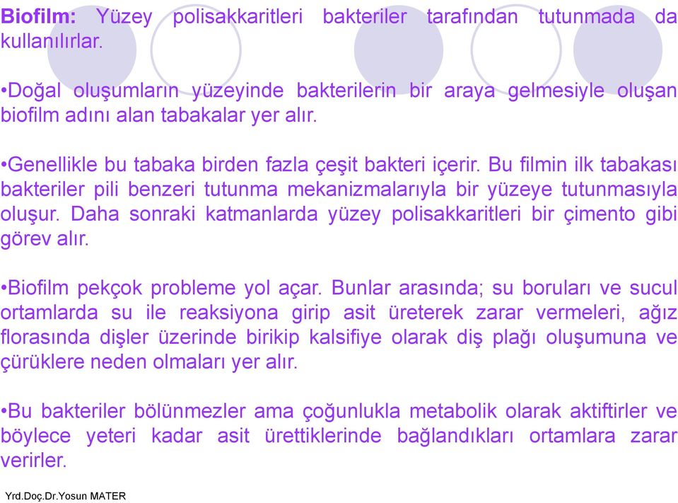 Daha sonraki katmanlarda yüzey polisakkaritleri bir çimento gibi görev alır. Biofilm pekçok probleme yol açar.