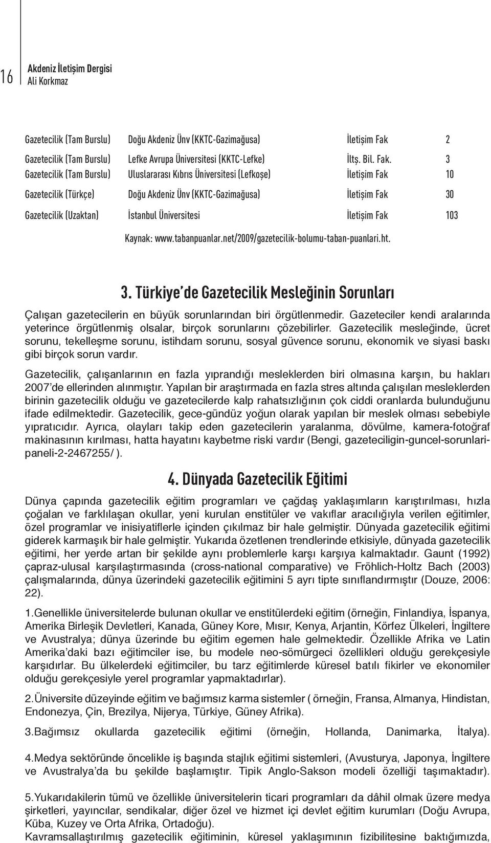 3 Gazetecilik (Tam Burslu) Uluslararası Kıbrıs Üniversitesi (Lefkoşe) İletişim Fak 10 Gazetecilik (Türkçe) Doğu Akdeniz Ünv (KKTC-Gazimağusa) İletişim Fak 30 Gazetecilik (Uzaktan) İstanbul