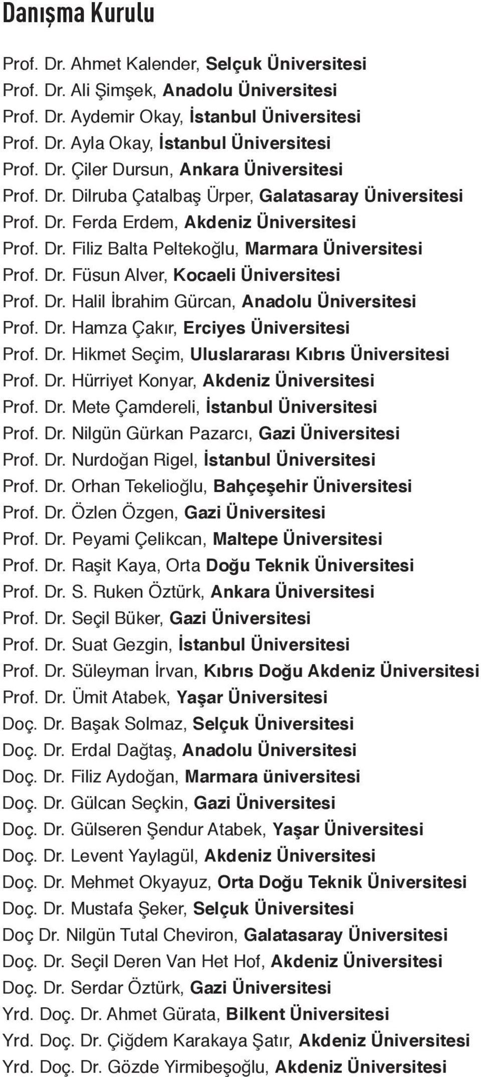 Dr. Füsun Alver, Kocaeli Üniversitesi Prof. Dr. Halil İbrahim Gürcan, Anadolu Üniversitesi Prof. Dr. Hamza Çakır, Erciyes Üniversitesi Prof. Dr. Hikmet Seçim, Uluslararası Kıbrıs Üniversitesi Prof.