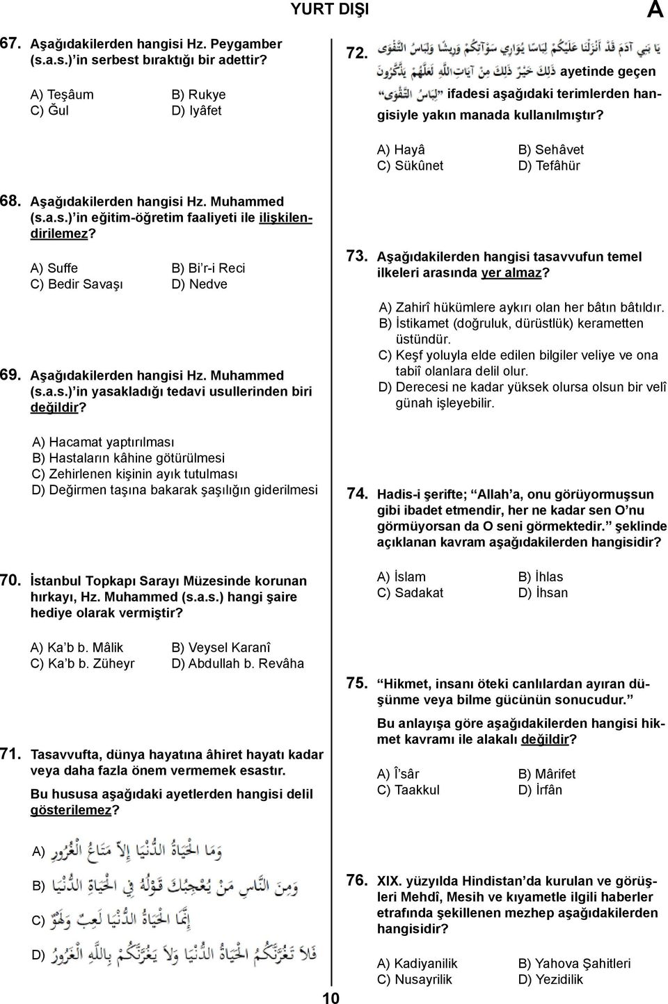 A) Suffe B) Bi r-i Reci C) Bedir Savaşı D) Nedve 69. Aşağıdakilerden hangisi Hz. Muhammed (s.a.s.) in yasakladığı tedavi usullerinden biri değildir?