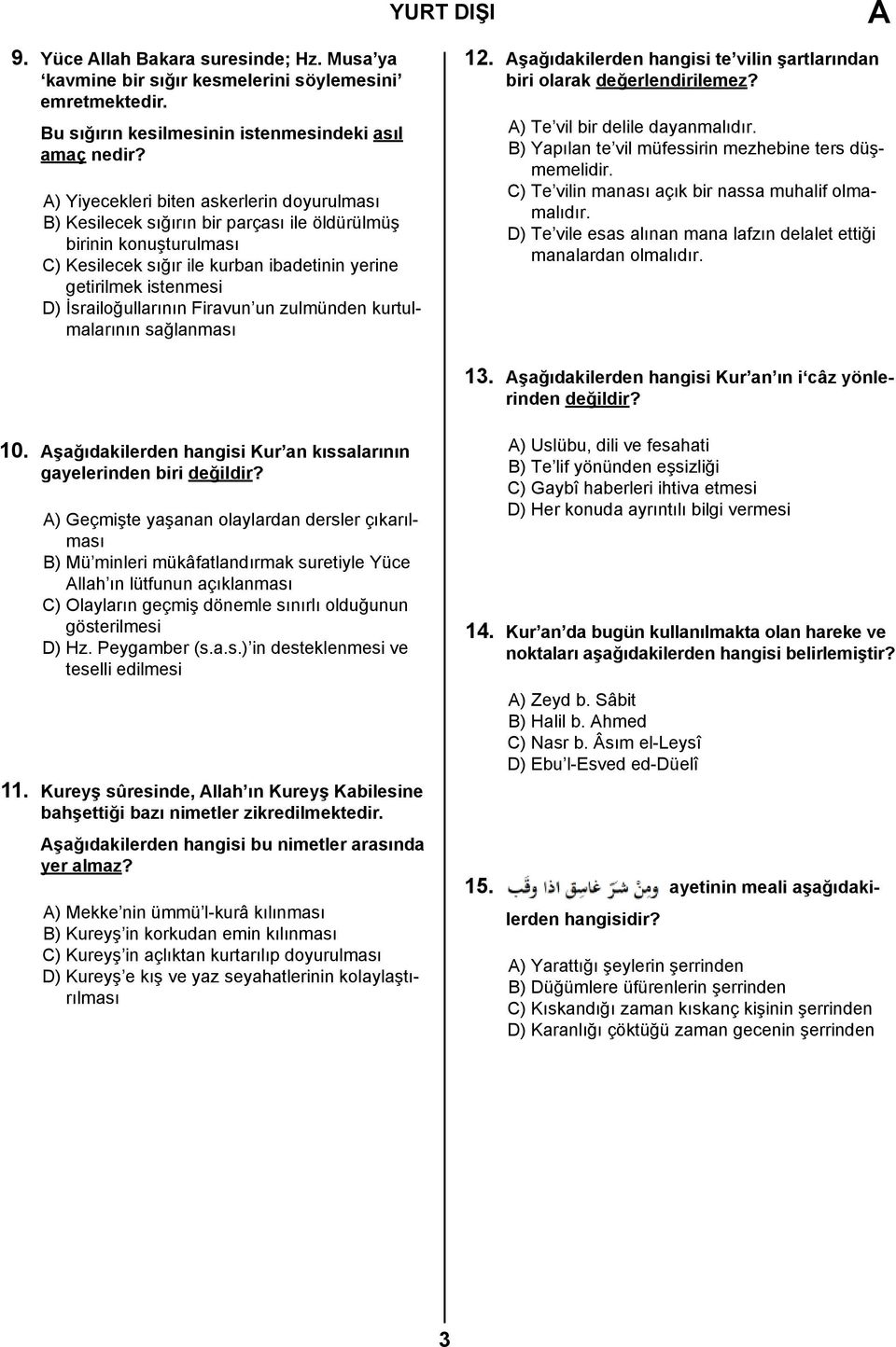 İsrailoğullarının Firavun un zulmünden kurtulmalarının sağlanması 12. Aşağıdakilerden hangisi te vilin şartlarından biri olarak değerlendirilemez? A) Te vil bir delile dayanmalıdır.