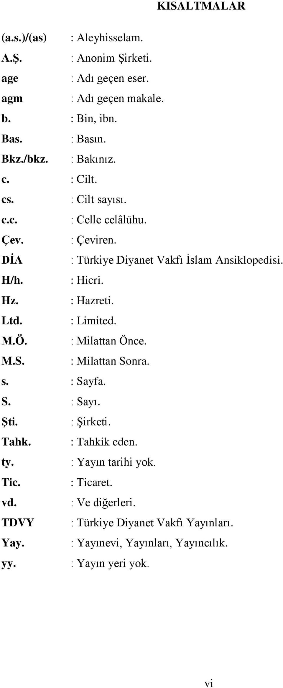 : Hazreti. Ltd. : Limited. M.Ö. : Milattan Önce. M.S. : Milattan Sonra. s. : Sayfa. S. : Sayı. Şti. : Şirketi. Tahk. : Tahkik eden. ty.