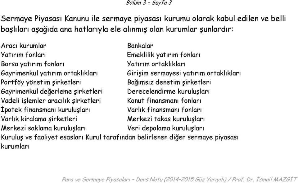 denetim şirketleri Gayrimenkul değerleme şirketleri Derecelendirme kuruluşları Vadeli işlemler aracılık şirketleri Konut finansmanı fonları İpotek finansmanı kuruluşları Varlık finansmanı