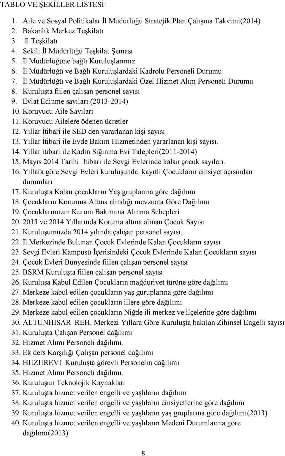 Kuruluşta fiilen çalışan personel sayısı 9. Evlat Edinme sayıları.(2013-2014) 10. Koruyucu Aile Sayıları 11. Koruyucu Ailelere ödenen ücretler 12. Yıllar İtibari ile SED den yararlanan kişi sayısı.