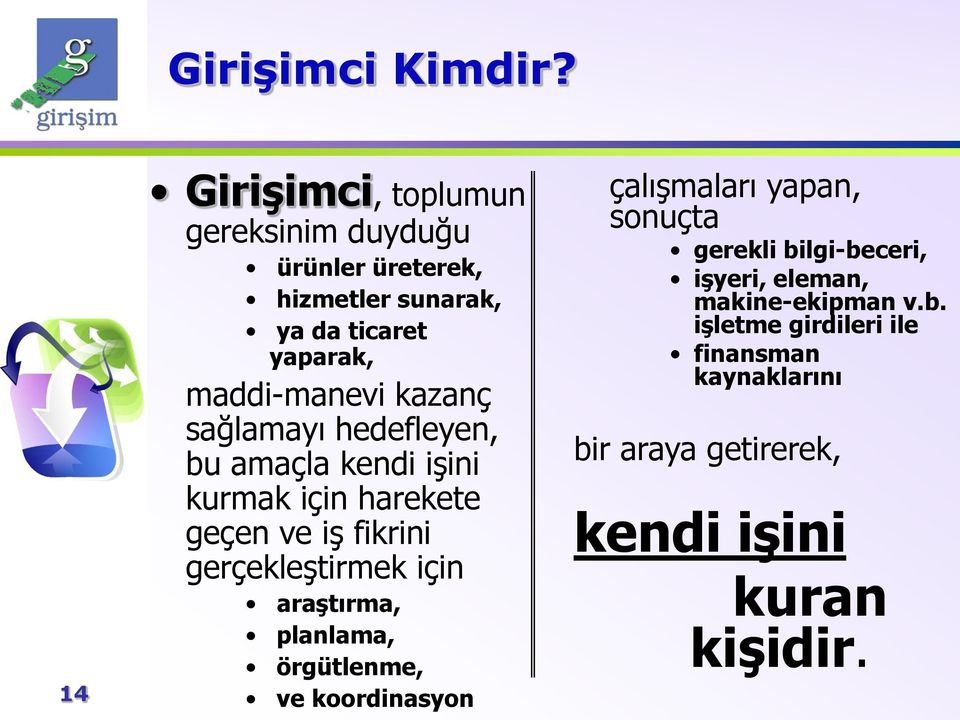 kazanç sağlamayı hedefleyen, bu amaçla kendi işini kurmak için harekete geçen ve iş fikrini gerçekleştirmek için