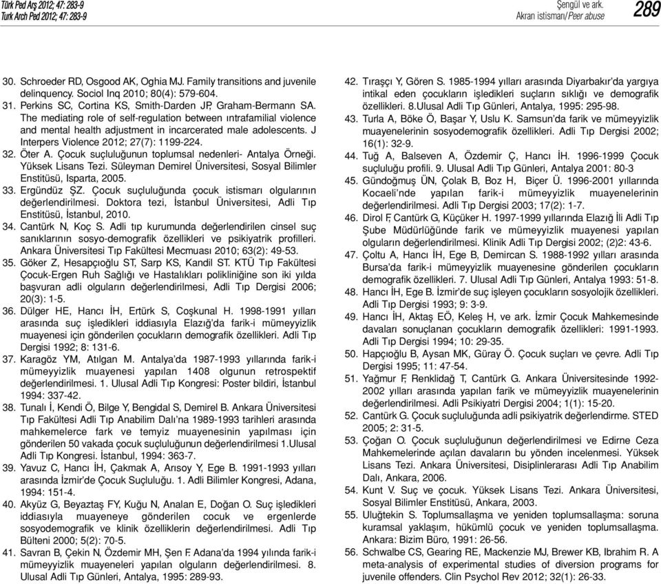 J Interpers Violence 2012; 27(7): 1199-224. 32. Öter A. Çocuk suçluluğunun toplumsal nedenleri- Antalya Örneği. Yüksek Lisans Tezi.