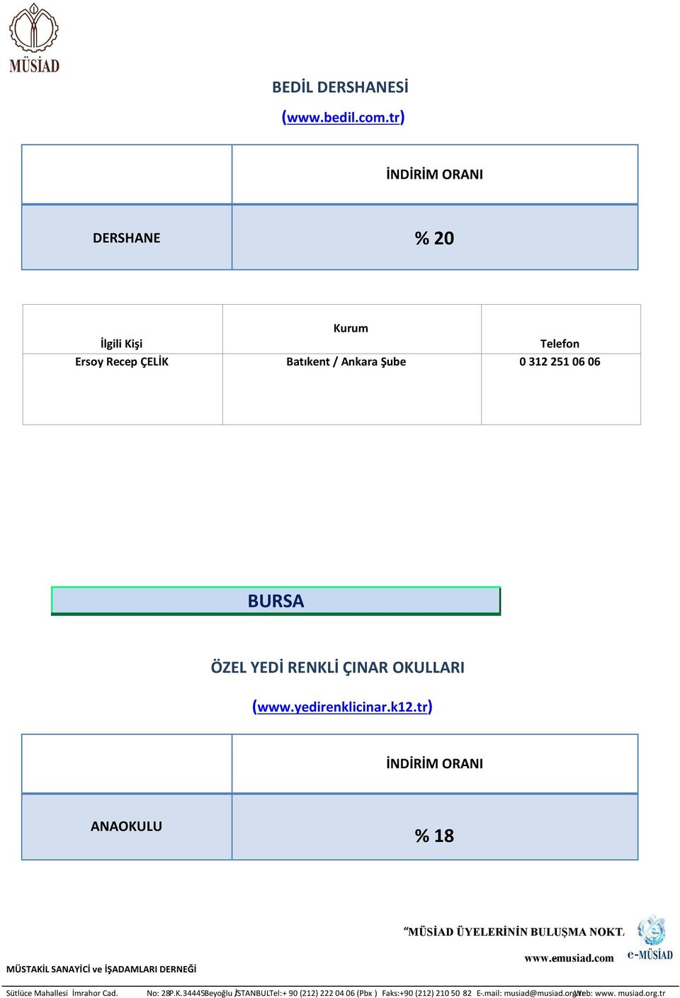 Ankara Şube 0 312 251 06 06 BURSA ÖZEL YEDİ