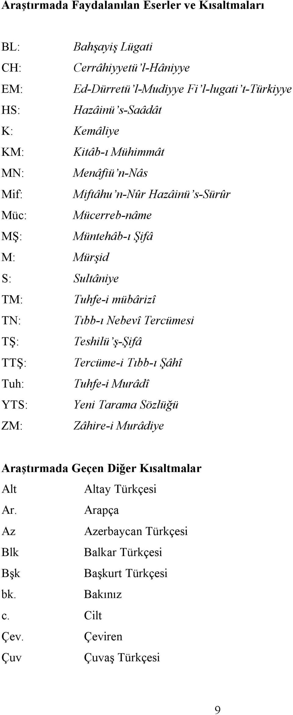 mübârizî TN: Tıbb-ı Nebevî Tercümesi TŞ: Teshilü ş-şifâ TTŞ: Tercüme-i Tıbb-ı Şâhî Tuh: Tuhfe-i Murâdî YTS: Yeni Tarama Sözlüğü ZM: Zâhire-i Murâdiye Araştırmada