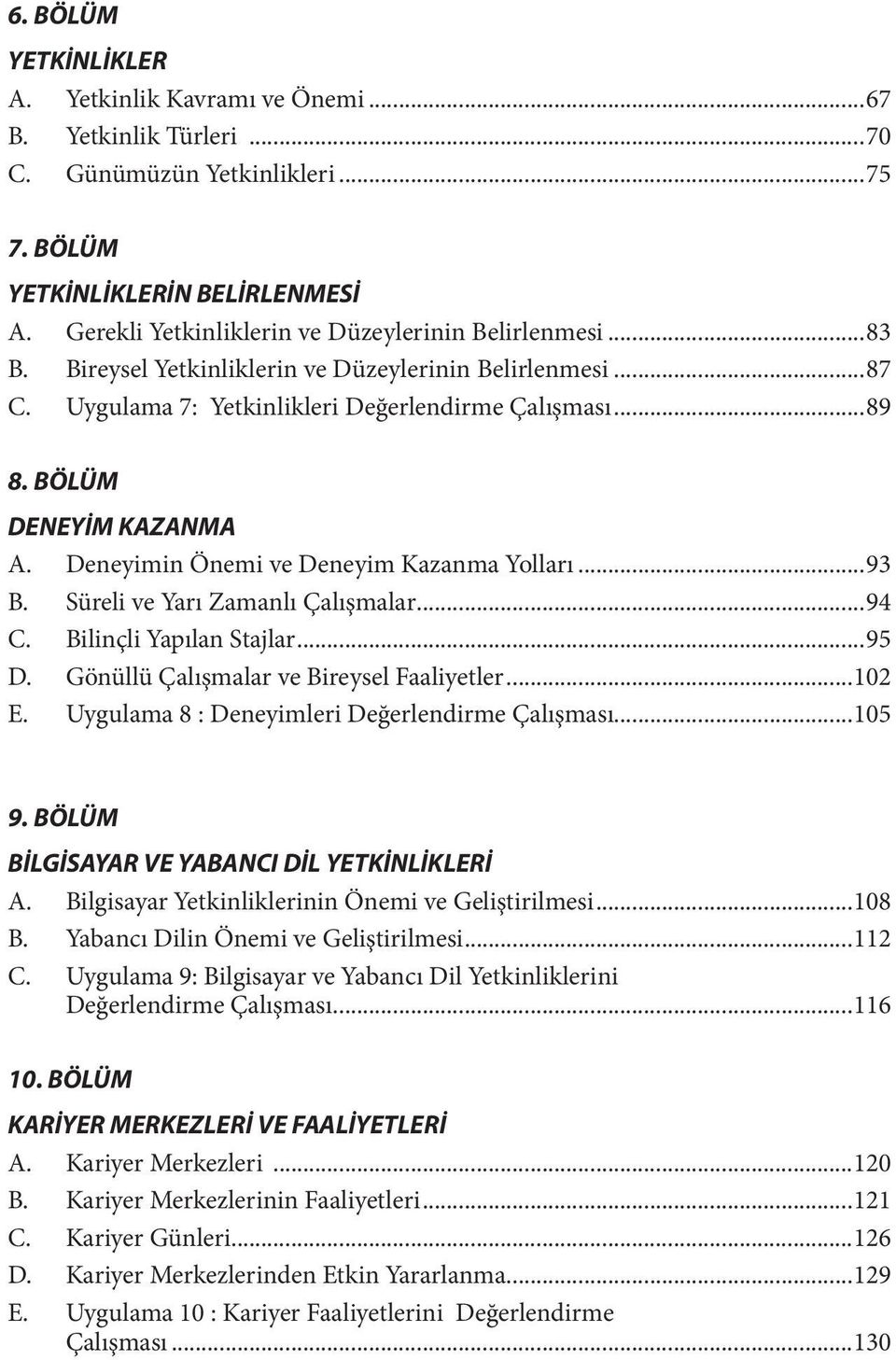 BÖLÜM DENEYİM KAZANMA A. Deneyimin Önemi ve Deneyim Kazanma Yolları...93 B. Süreli ve Yarı Zamanlı Çalışmalar...94 C. Bilinçli Yapılan Stajlar...95 D. Gönüllü Çalışmalar ve Bireysel Faaliyetler...102 E.