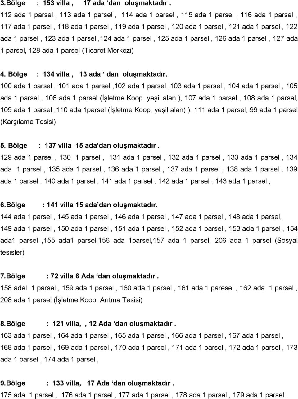 123 ada 1 parsel,124 ada 1 parsel, 125 ada 1 parsel, 126 ada 1 parsel, 127 ada 1 parsel, 128 ada 1 parsel (Ticaret Merkezi) 4. Bölge : 134 villa, 13 ada dan oluşmaktadır.