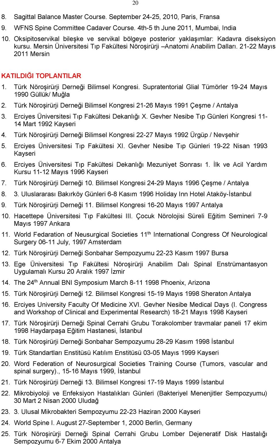 21-22 Mayıs 2011 Mersin KATILDIĞI TOPLANTILAR 1. Türk Nöroşirürji Derneği Bilimsel Kongresi. Supratentorial Glial Tümörler 19-24 Mayıs 1990 Güllük/ Muğla 2.