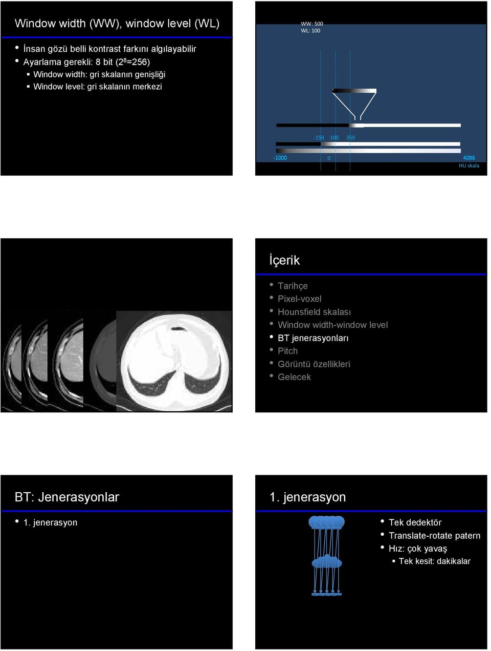 Window level: gri skalanın merkezi -150 100 350-1000 0 4096 HU skala BT: Jenerasyonlar 1.