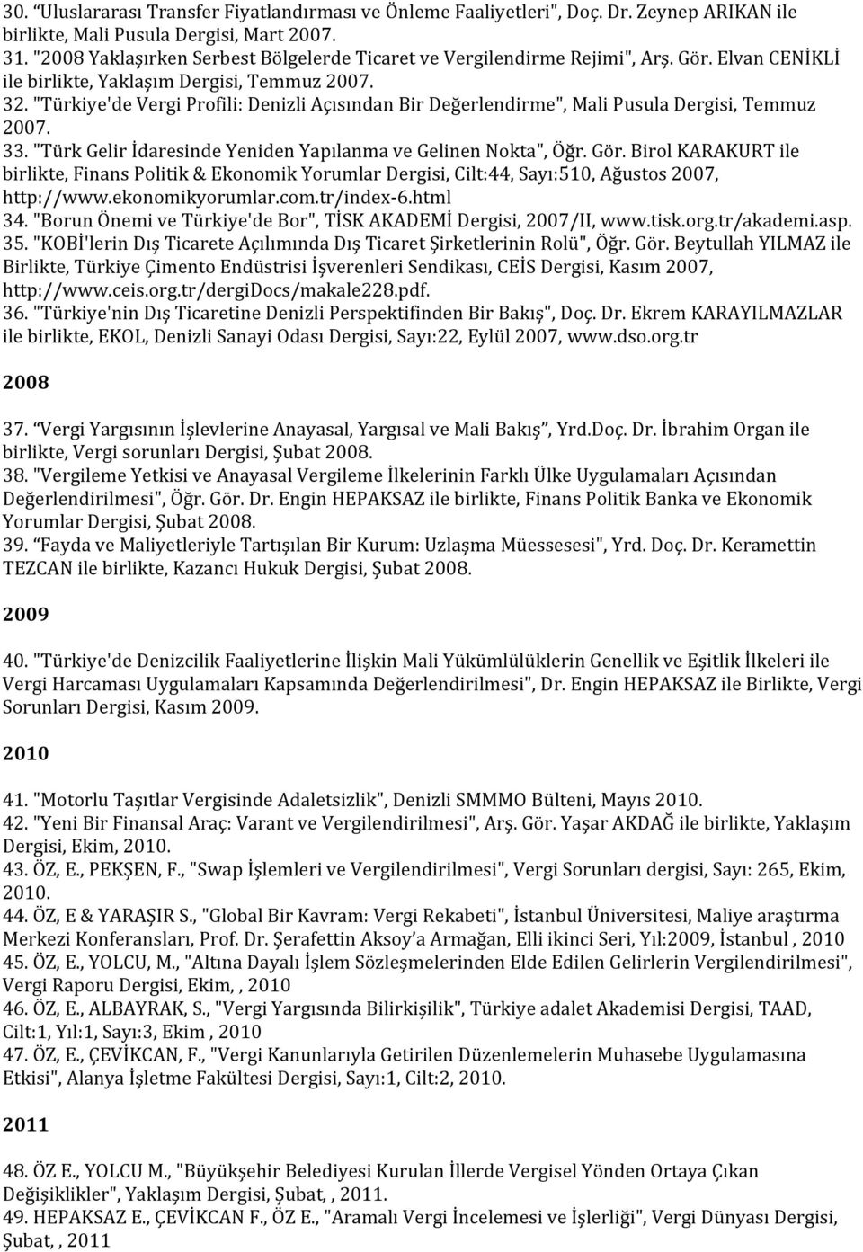 "Türkiye'de Vergi Profili: Denizli Açısından Bir Değerlendirme", Mali Pusula Dergisi, Temmuz 2007. 33. "Türk Gelir İdaresinde Yeniden Yapılanma ve Gelinen Nokta", Öğr. Gör.