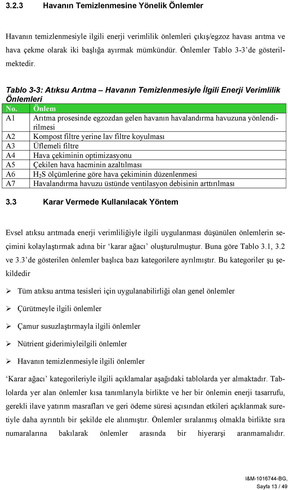 Önlem A1 Arıtma prosesinde egzozdan gelen havanın havalandırma havuzuna yönlendirilmesi A2 Kompost filtre yerine lav filtre koyulması A3 Üflemeli filtre A4 Hava çekiminin optimizasyonu A5 Çekilen