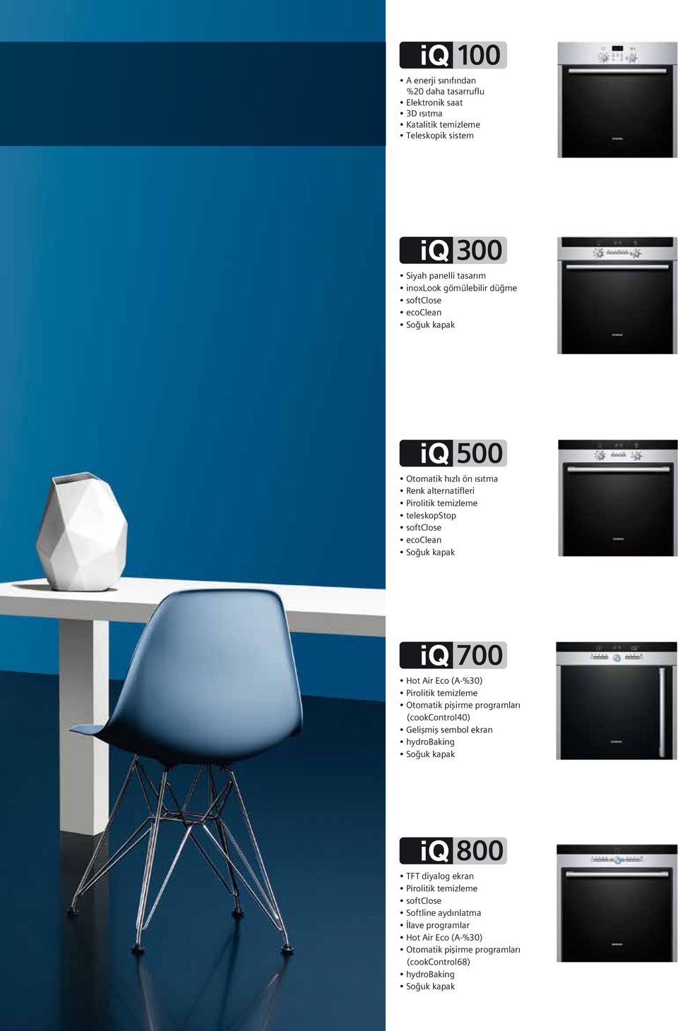 Air Eco (A-%30) Pirolitik temizleme Otomatik pişirme programları (cookcontrol40) Gelişmiş sembol ekran hydrobaking Soğuk kapak 800 TFT diyalog ekran
