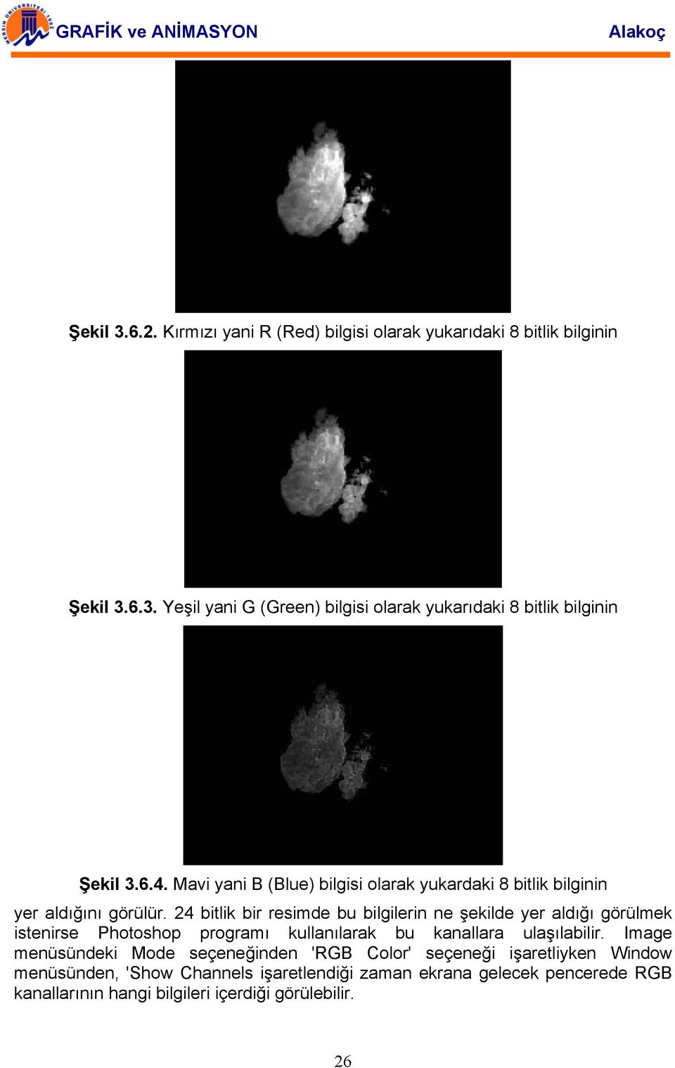 24 bitlik bir resimde bu bilgilerin ne şekilde yer aldığı görülmek istenirse Photoshop programı kullanılarak bu kanallara ulaşılabilir.