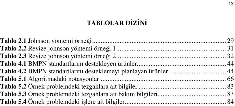 2 BMPN standartlarını desteklemeyi planlayan ürünler... 44 Tablo 5.1 Algoritmadaki notasyonlar... 66 Tablo 5.