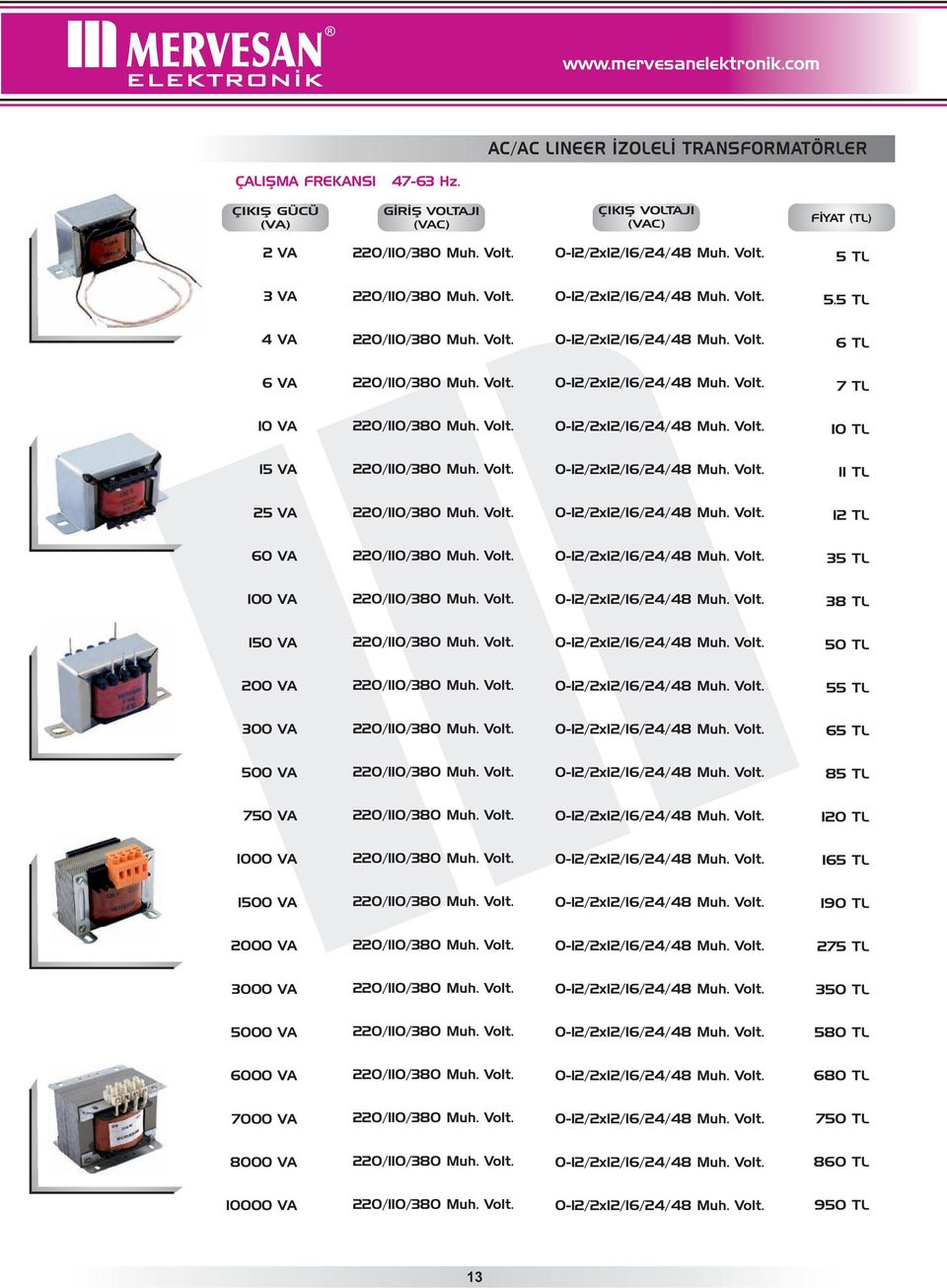 5 TL 4 VA 6 TL 6 VA 7 TL 10 VA 10 TL 15 VA 11 TL 25 VA 12 TL 60 VA 35 TL 100 VA 38 TL 150 VA 50 TL