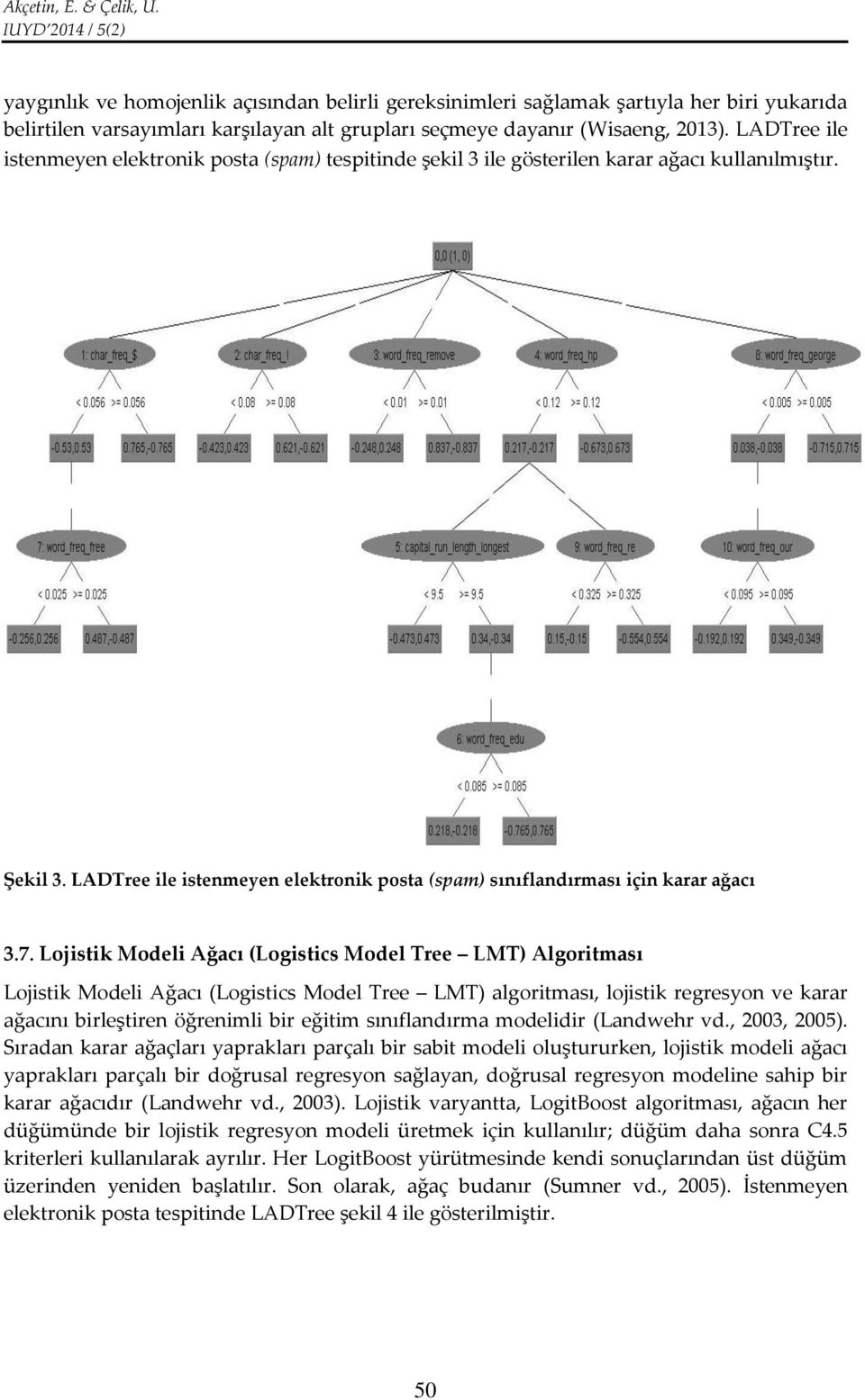7. Lojistik Modeli Ağacı (Logistics Model Tree LMT) Algoritması Lojistik Modeli Ağacı (Logistics Model Tree LMT) algoritması, lojistik regresyon ve karar ağacını birleştiren öğrenimli bir eğitim