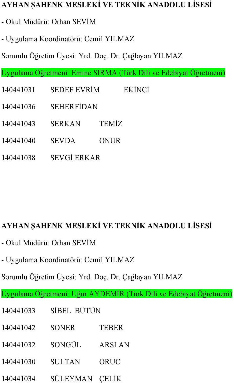 ONUR 140441038 SEVGİ ERKAR  Çağlayan YILMAZ Uygulama Öğretmeni: Uğur AYDEMİR (Türk Dili ve Edebiyat Öğretmeni) 140441033 SİBEL BÜTÜN 140441042 SONER TEBER 140441032 SONGÜL