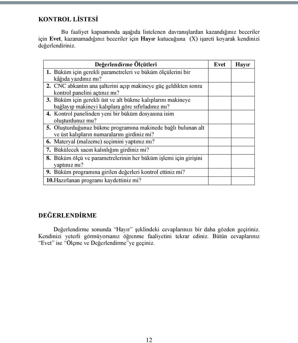 CNC abkantın ana Ģalterini açıp makineye güç geldikten sonra kontrol panelini açtınız mı? 3. Büküm için gerekli üst ve alt bükme kalıplarını makineye bağlayıp makineyi kalıplara göre sıfırladınız mı?