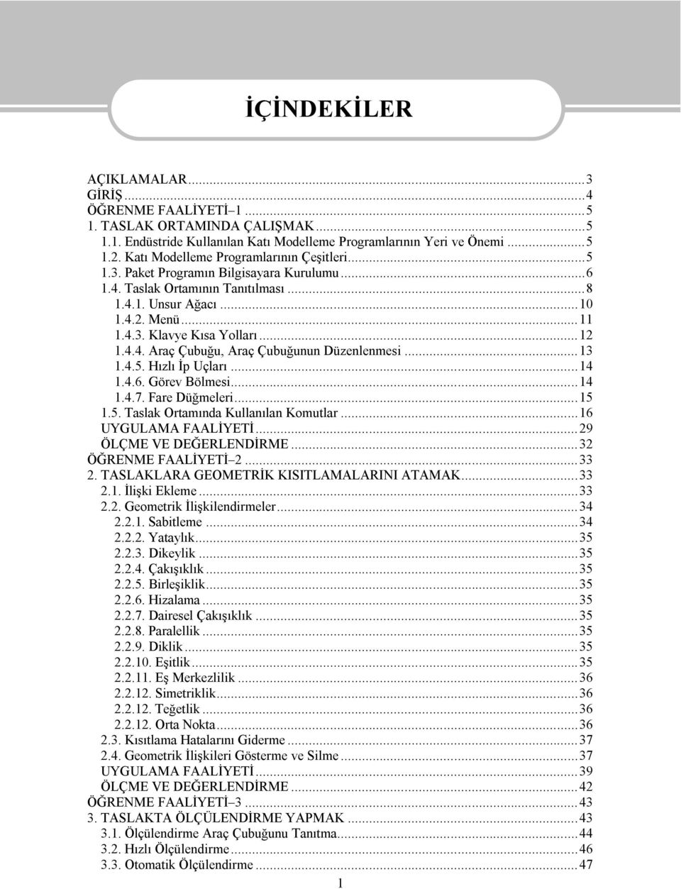 .. 12 1.4.4. Araç Çubuğu, Araç Çubuğunun Düzenlenmesi... 13 1.4.5. Hızlı İp Uçları... 14 1.4.6. Görev Bölmesi... 14 1.4.7. Fare Düğmeleri... 15 1.5. Taslak Ortamında Kullanılan Komutlar.