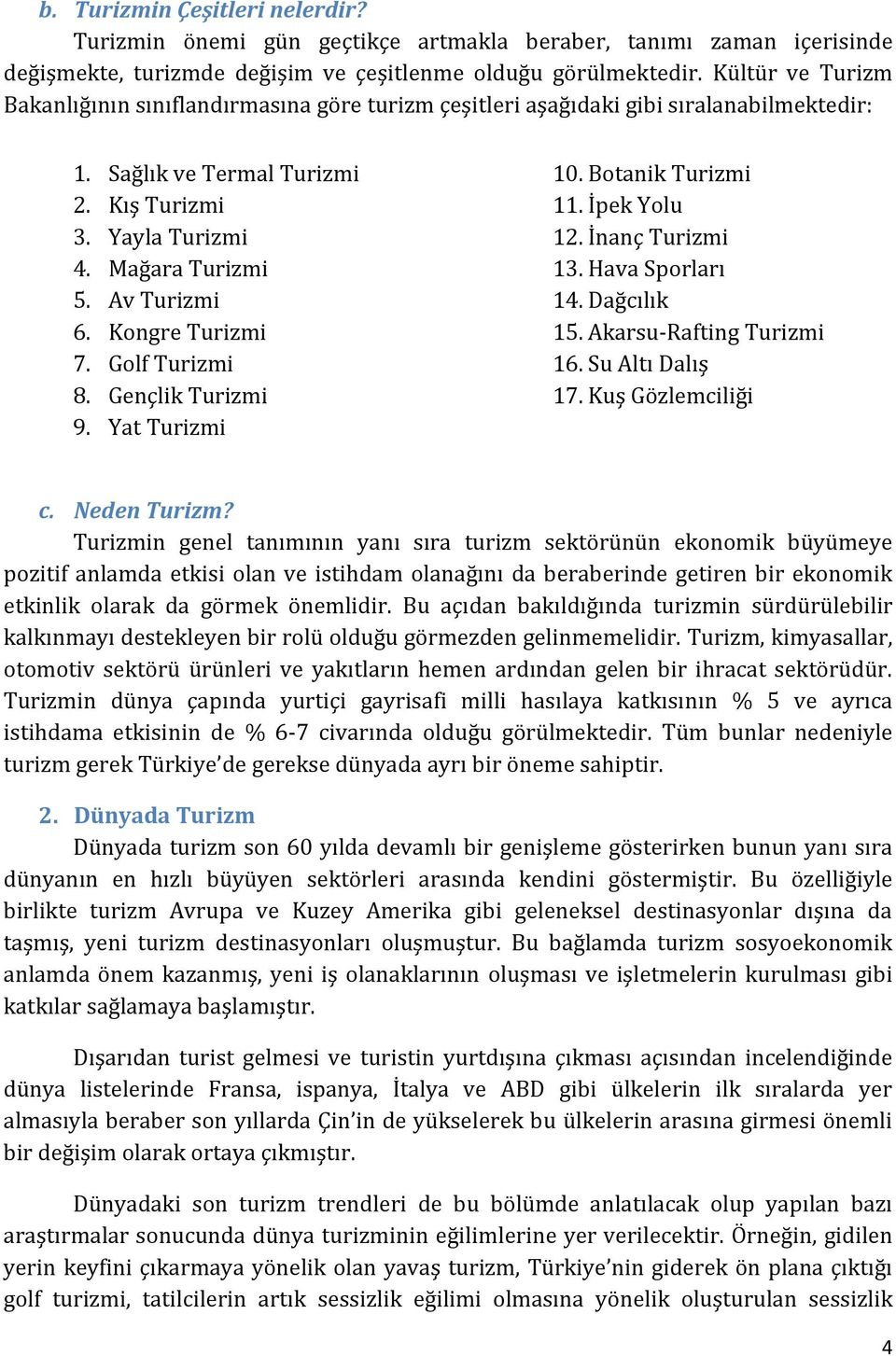 Kongre Turizmi 7. Golf Turizmi 8. Gençlik Turizmi 9. Yat Turizmi 10. Botanik Turizmi 11. İpek Yolu 12. İnanç Turizmi 13. Hava Sporları 14. Dağcılık 15. Akarsu-Rafting Turizmi 16. Su Altı Dalış 17.