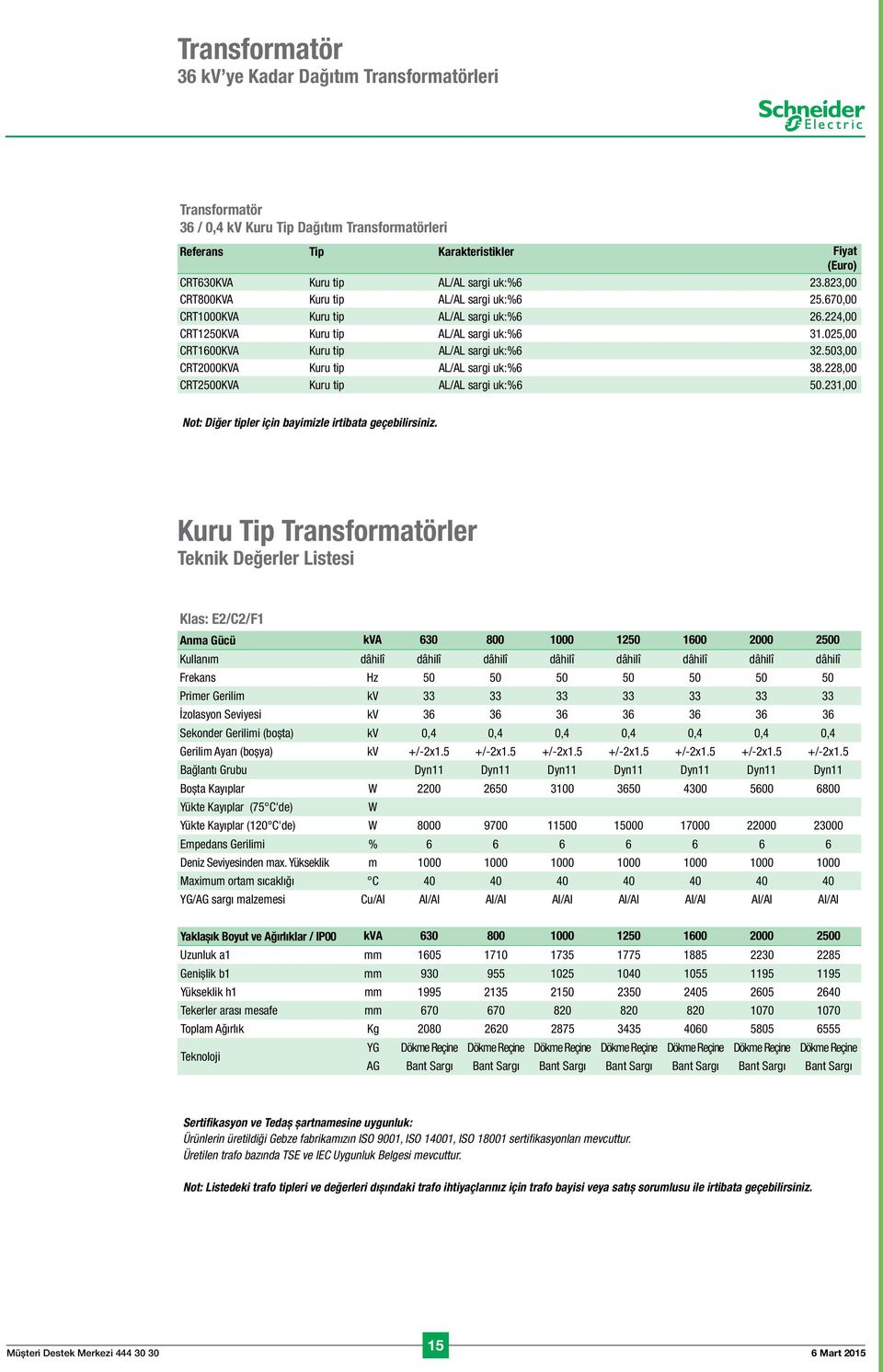 503,00 CRT2000KVA Kuru tip AL/AL sargi uk:%6 38.228,00 CRT2500KVA Kuru tip AL/AL sargi uk:%6 50.231,00 Not: Diğer tipler için bayimizle irtibata geçebilirsiniz.