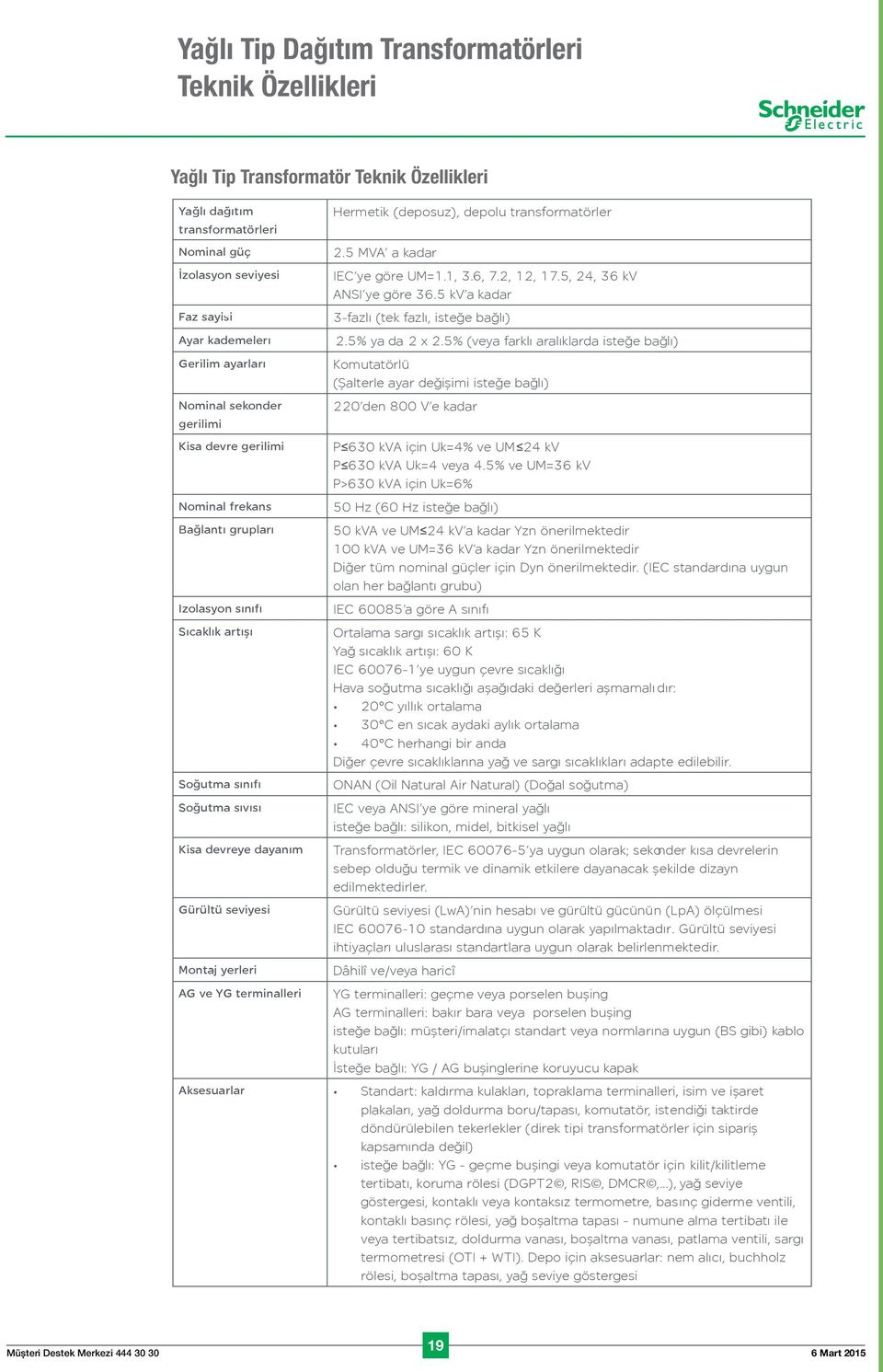 Kisa devreye dayanım Gürültü seviyesi Montaj yerleri AG ve YG terminalleri Aksesuarlar Hermetik (deposuz), depolu transformatörler 2.5 MVA a kadar IEC ye göre UM=1.1, 3.6, 7.2, 12, 17.