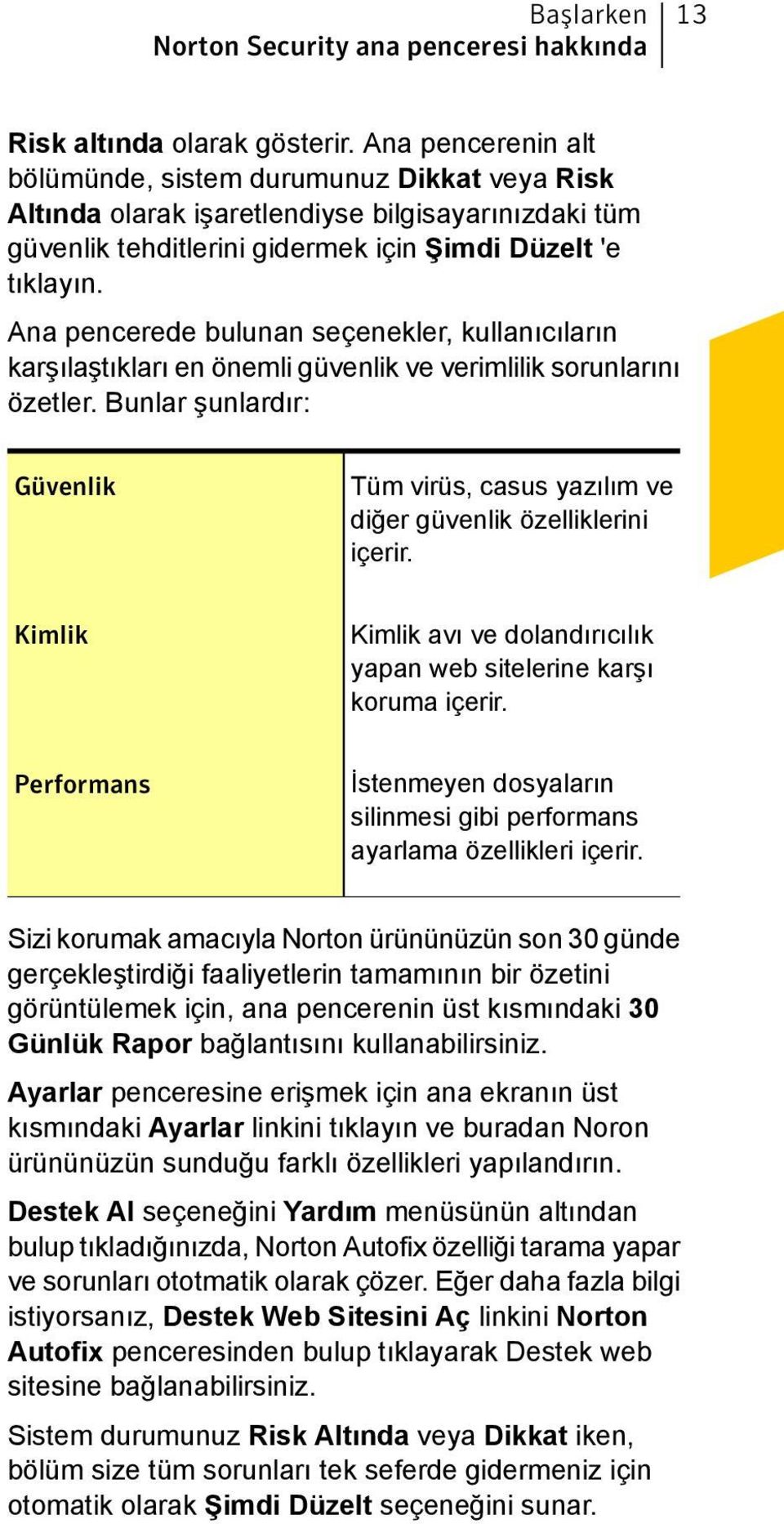 Ana pencerede bulunan seçenekler, kullanıcıların karşılaştıkları en önemli güvenlik ve verimlilik sorunlarını özetler.