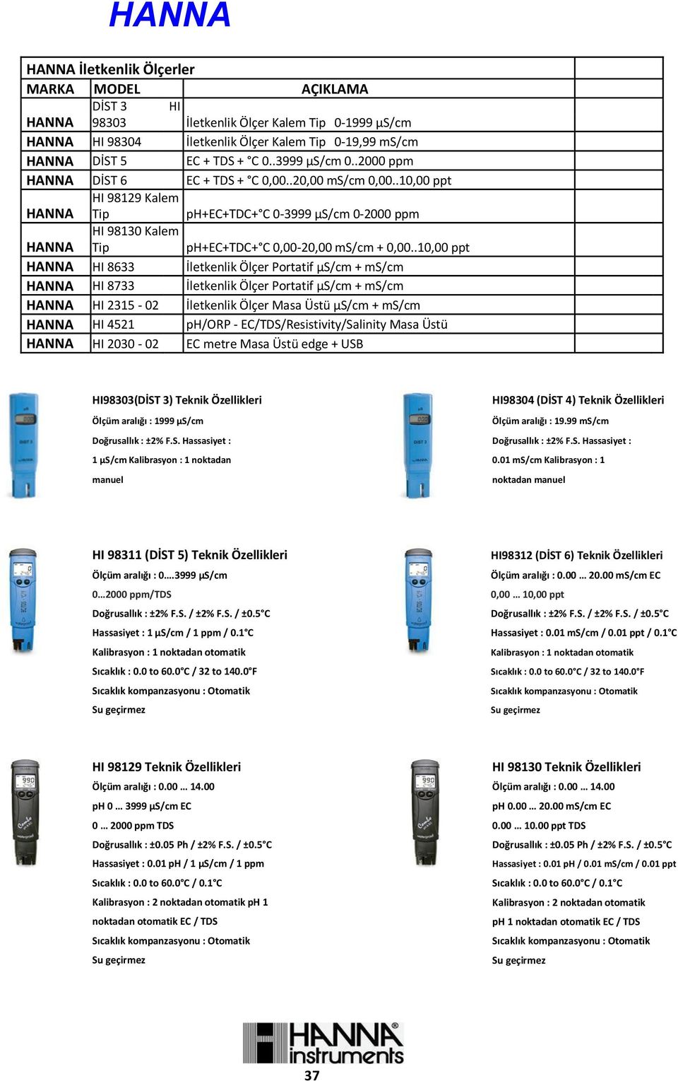 .10,00 ppt HANNA HI 8633 İletkenlik Ölçer Portatif μs/cm + ms/cm HANNA HI 8733 İletkenlik Ölçer Portatif μs/cm + ms/cm HANNA HI 2315-02 İletkenlik Ölçer Masa Üstü μs/cm + ms/cm HANNA HI 4521 ph/orp -