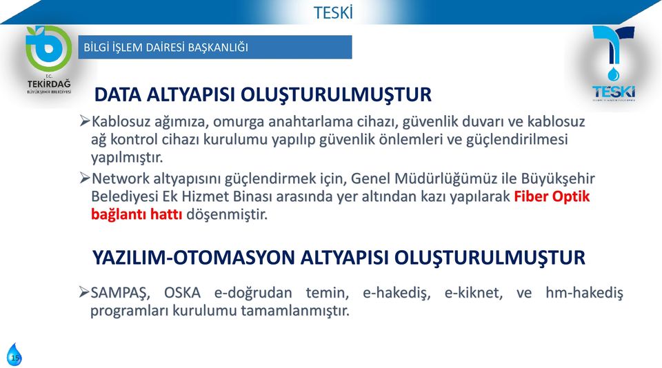 Network altyapısını güçlendirmek için, Genel Müdürlüğümüz ile Büyükşehir Belediyesi Ek Hizmet Binası arasında yer altından kazı