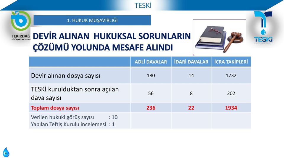 14 1732 TESKİ kurulduktan sonra açılan dava sayısı 56 8 202 Toplam dosya sayısı