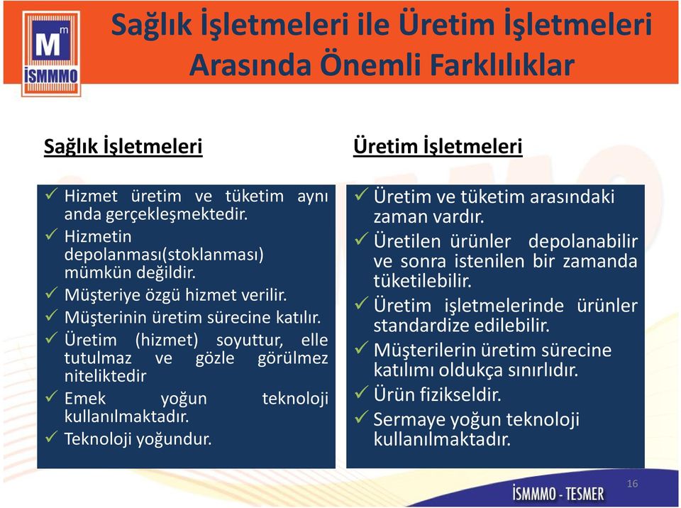 Üretim (hizmet) soyuttur, elle tutulmaz ve gözle görülmez niteliktedir Emek yoğun teknoloji kullanılmaktadır. Teknoloji yoğundur.