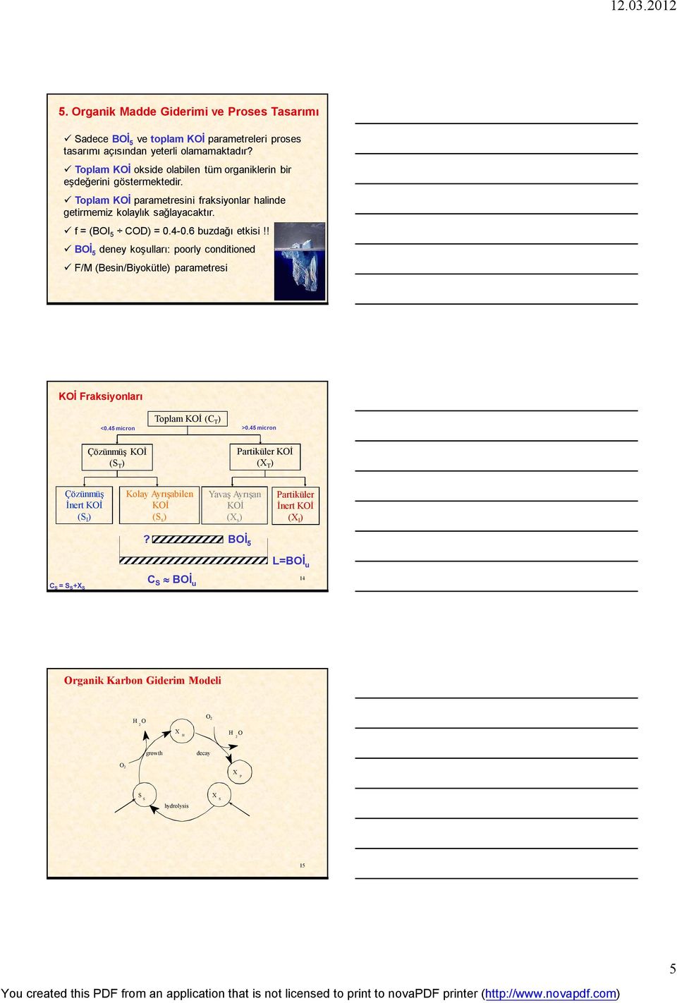 6 buzağı etkisi!! BOİ 5 eney koşulları: poorly conitione F/M (Besin/Biyokütle) parametresi 13 KOİ Fraksiyonları Toplam KOİ (C T ) <0.45 micron >0.