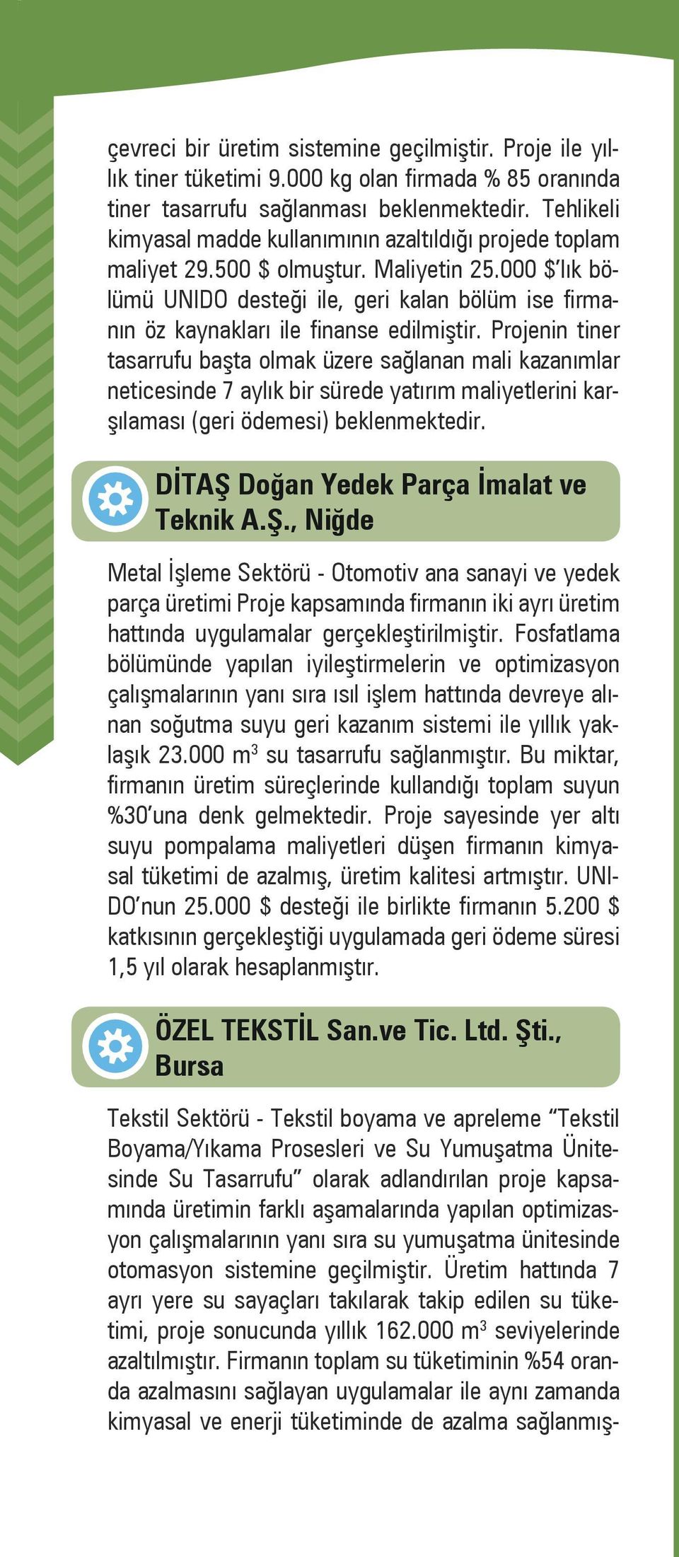 000 $ lık bölümü UNIDO desteği ile, geri kalan bölüm ise firmanın öz kaynakları ile finanse edilmiştir.