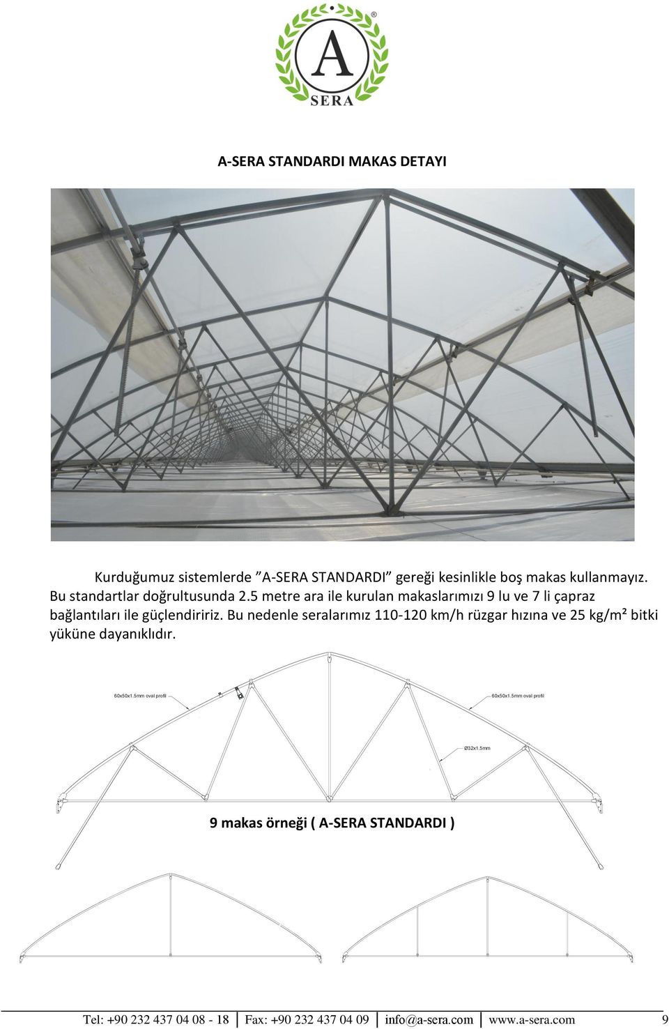 Bu nedenle seralarımız 110-120 km/h rüzgar hızına ve 25 kg/m² bitki yüküne dayanıklıdır. 60x50x1.5mm oval profil 60x50x1.